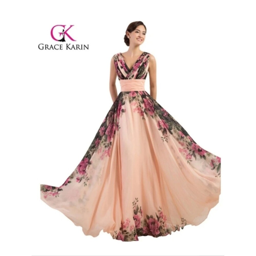Grace Karin Floral Peach & Green Cumberbund V-Neck Lace Up Maxi Dress Size 22W